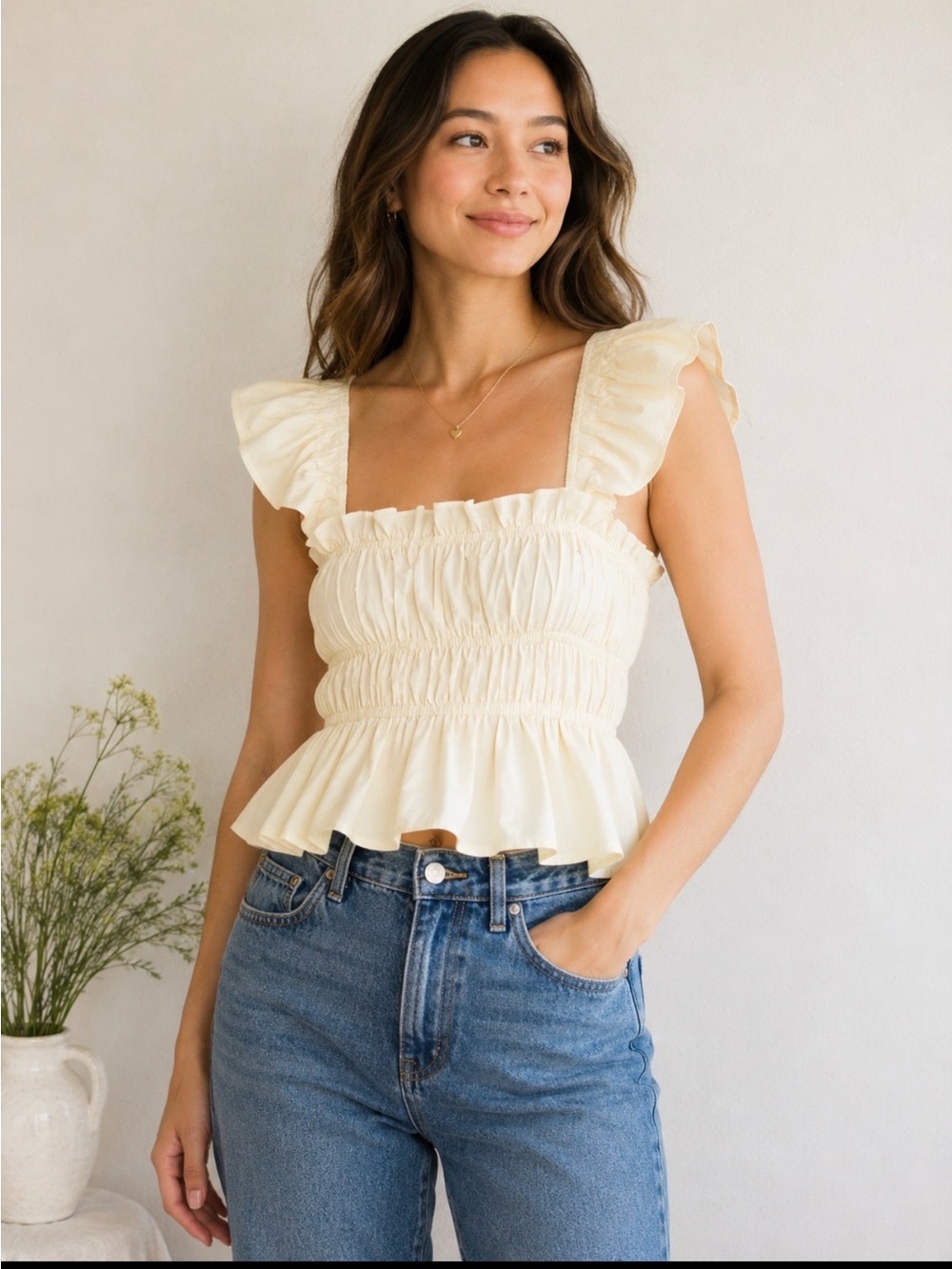 Shirred Peplum Top Set (Small) – Butter Yellow 🌼